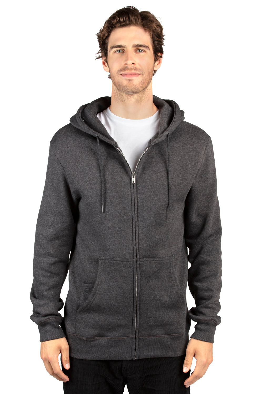 Threadfast Apparel 320Z Mens Ultimate Fleece Full Zip Hooded Sweatshirt Hoodie w/ Pockets Heather Charcoal Grey Model Front