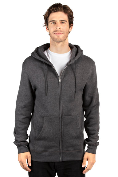 Threadfast Apparel 320Z Mens Ultimate Fleece Full Zip Hooded Sweatshirt Hoodie w/ Pockets Heather Charcoal Grey Model Front
