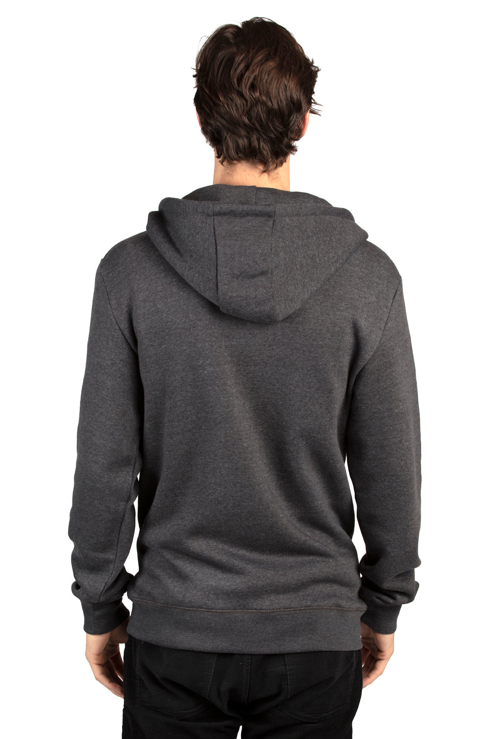 Threadfast Apparel 320Z Mens Ultimate Fleece Full Zip Hooded Sweatshirt Hoodie w/ Pockets Heather Charcoal Grey Model Back