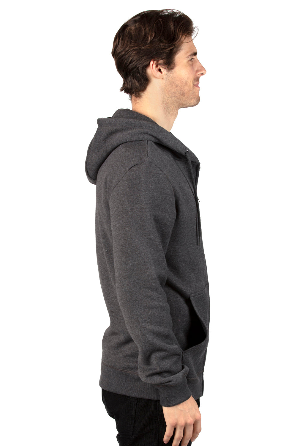 Threadfast Apparel 320Z Mens Ultimate Fleece Full Zip Hooded Sweatshirt Hoodie w/ Pockets Heather Charcoal Grey Model Side