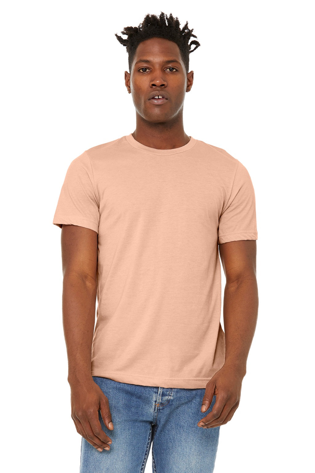 Bella + Canvas BC3301/3301 Mens Jersey Short Sleeve Crewneck T-Shirt Heather Peach Model Front