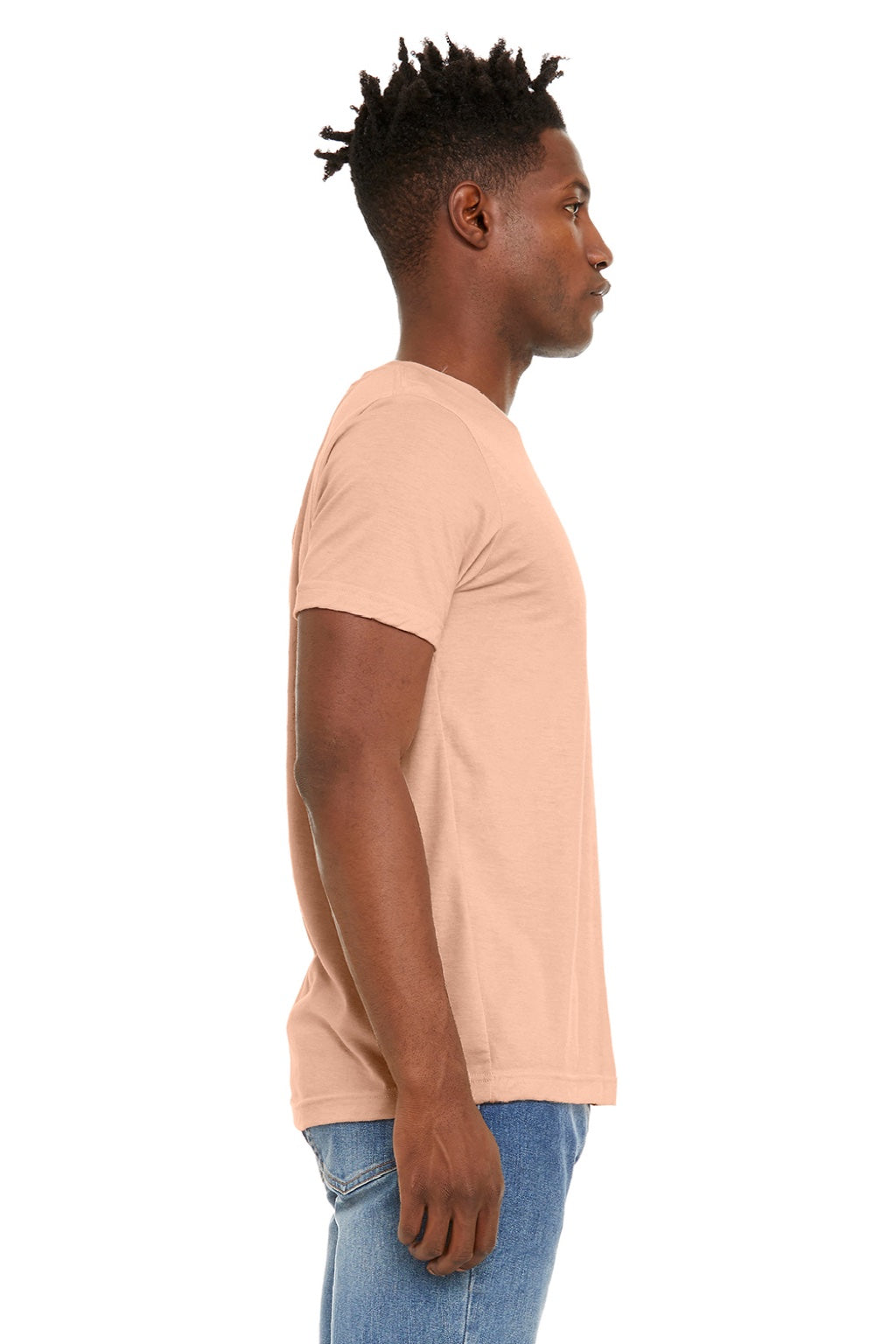 Bella + Canvas BC3301/3301 Mens Jersey Short Sleeve Crewneck T-Shirt Heather Peach Model Side