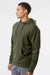 Independent Trading Company SS4500 Mens Hooded Sweatshirt Hoodie w/ Pouch Pocket Heather Army Green Model Side