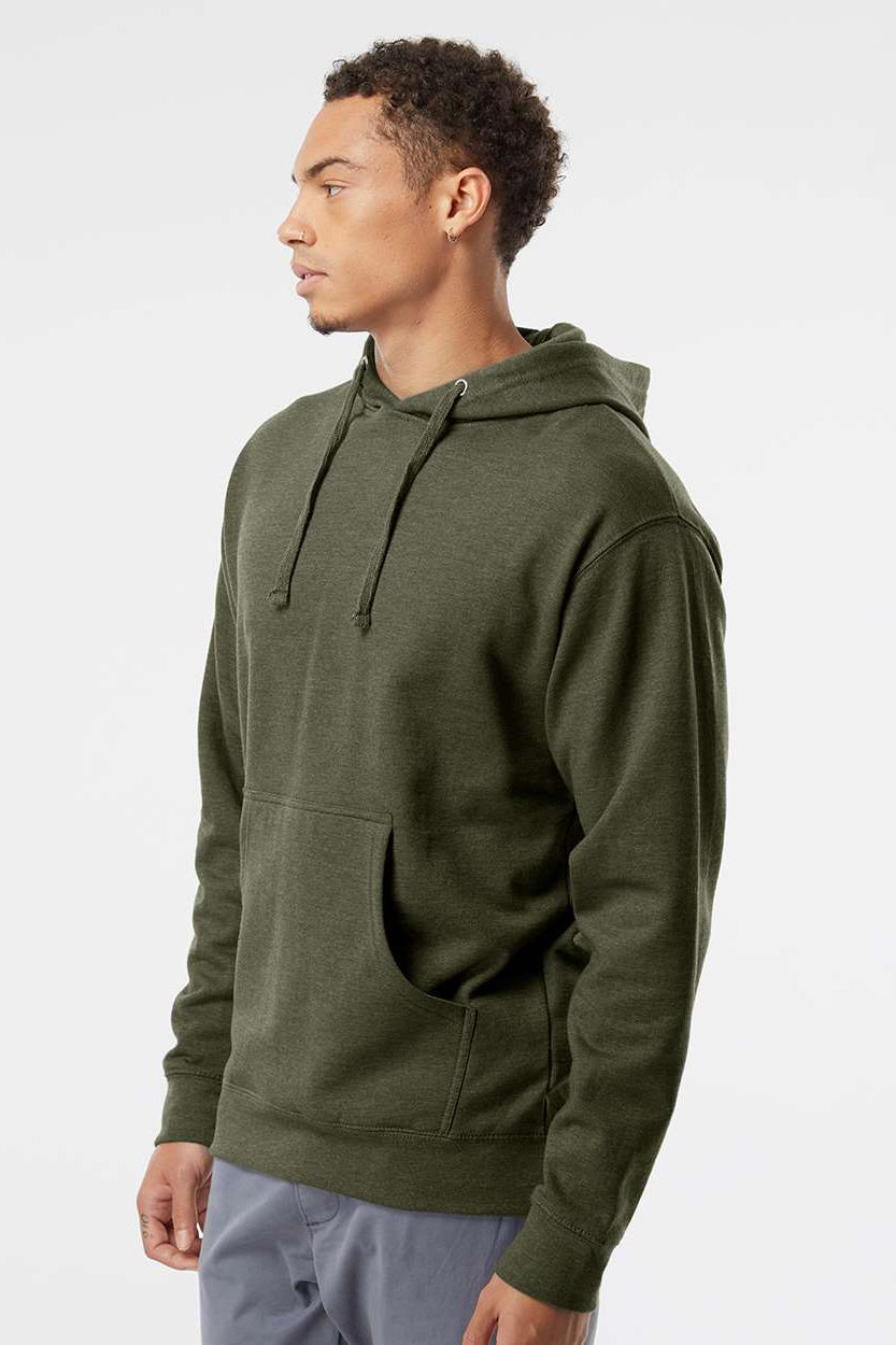 Independent Trading Company SS4500 Mens Hooded Sweatshirt Hoodie w/ Pouch Pocket Heather Army Green Model Side