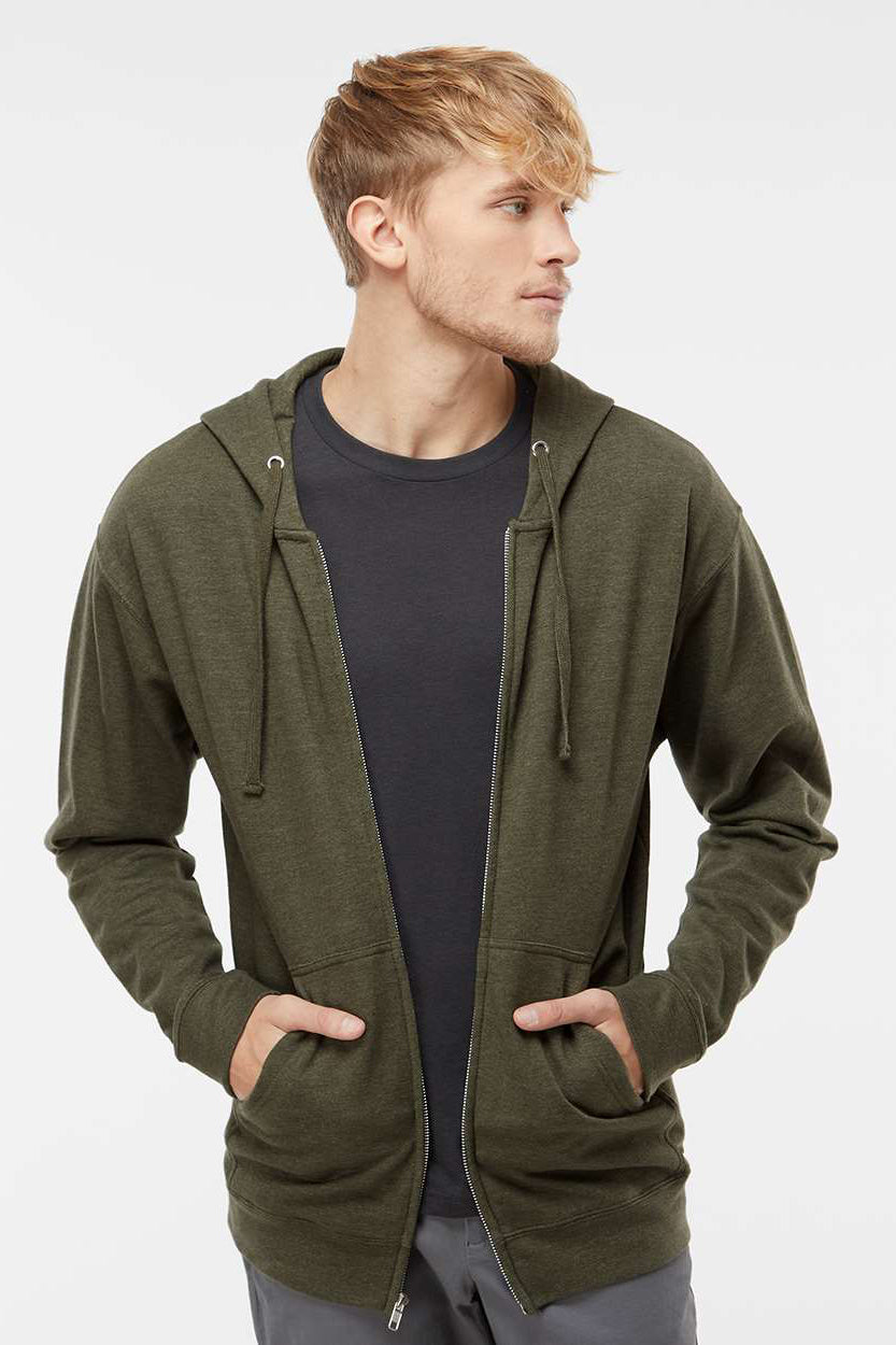 Independent Trading Company SS4500Z Mens Full Zip Hooded Sweatshirt Hoodie w/ Pockets Heather Army Green Model Front