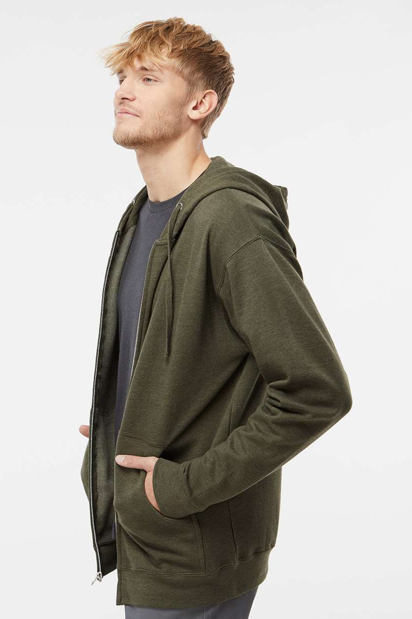 Independent Trading Company SS4500Z Mens Full Zip Hooded Sweatshirt Hoodie w/ Pockets Heather Army Green Model Side