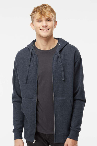 Independent Trading Company SS4500Z Mens Full Zip Hooded Sweatshirt Hoodie w/ Pockets Heather Classic Navy Blue Model Front