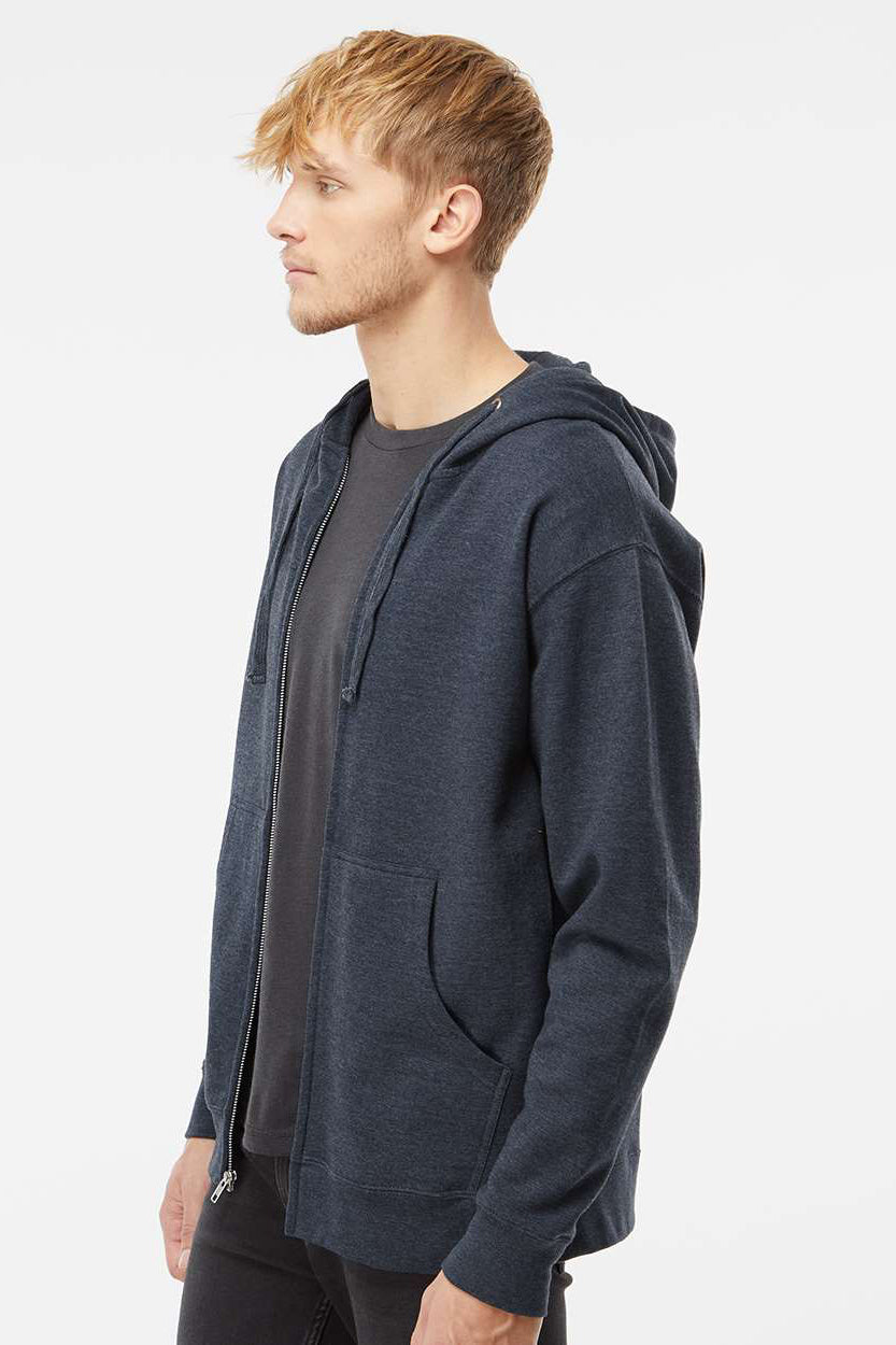 Independent Trading Company SS4500Z Mens Full Zip Hooded Sweatshirt Hoodie w/ Pockets Heather Classic Navy Blue Model Side