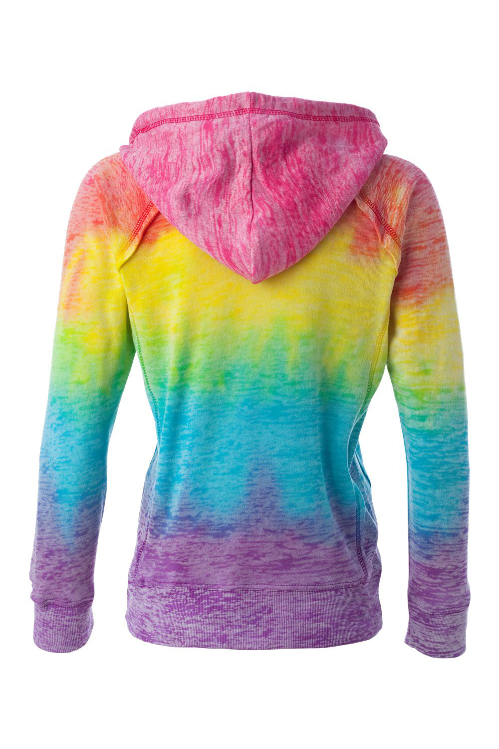 MV Sport W1162 Womens Courtney Burnout V-Notch Hooded Sweatshirt Hoodie w/ Pouch Pocket Rainbow Stripe Flat Back