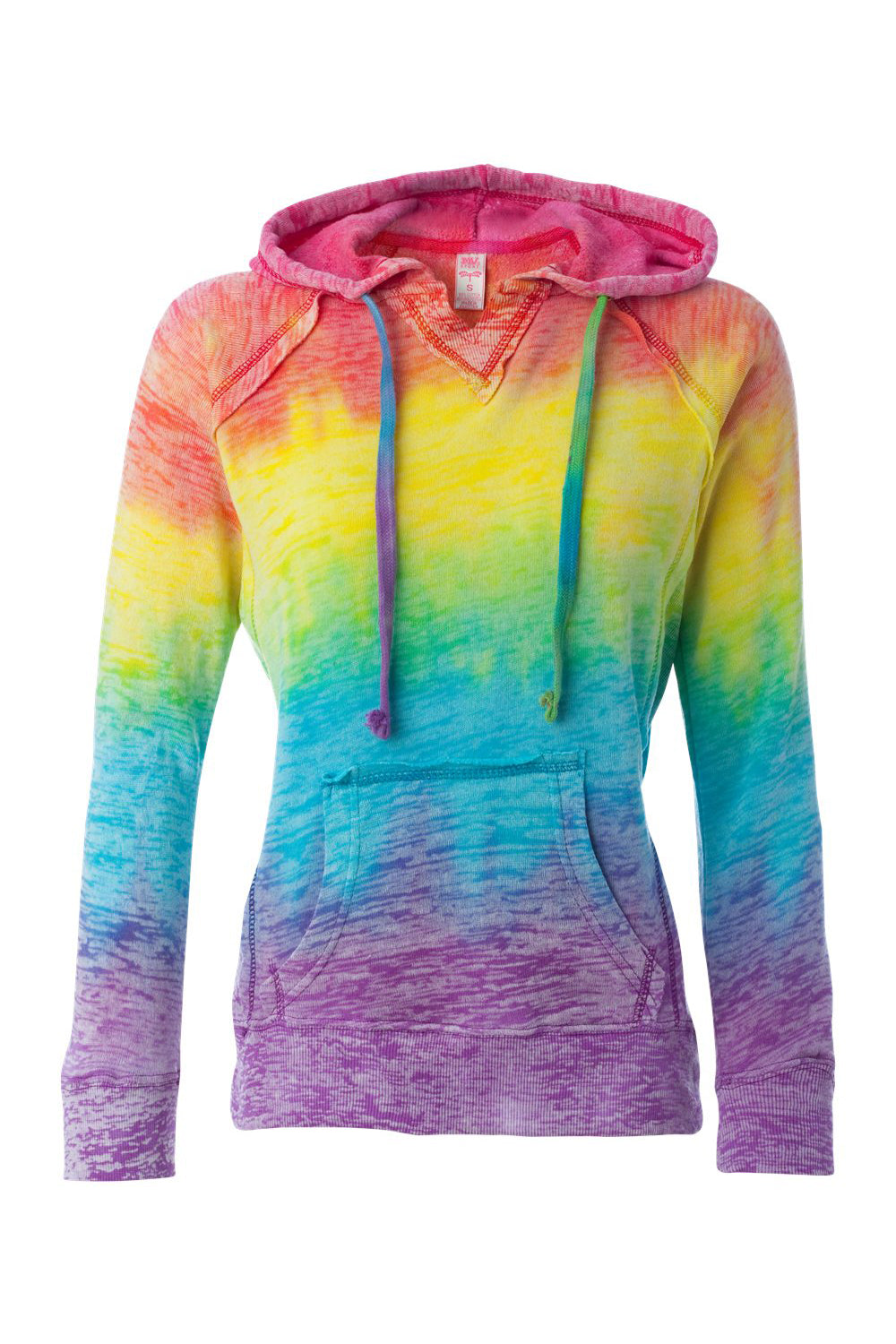 MV Sport W1162 Womens Courtney Burnout V-Notch Hooded Sweatshirt Hoodie w/ Pouch Pocket Rainbow Stripe Flat Front