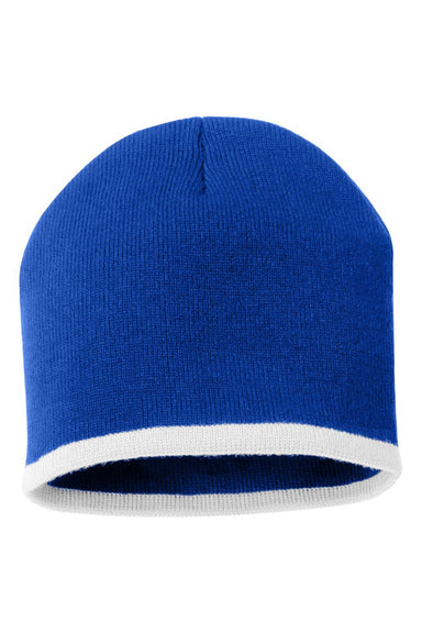 Sportsman Hats SP09 Unisex Bottom Striped Beanie Royal Blue/White Flat Front