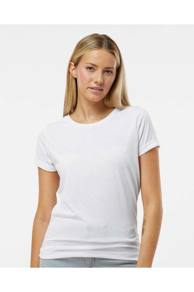 Sublivie 1510 Womens Polyester Sublimation Short Sleeve Crewneck T-Shirt White Model Front