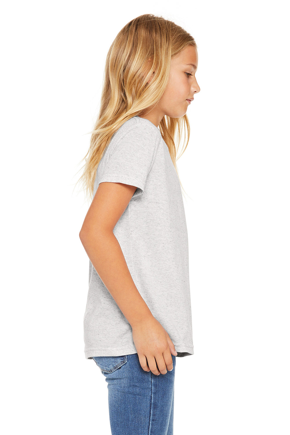Bella + Canvas 3413Y Youth Short Sleeve Crewneck T-Shirt White Fleck Model Side