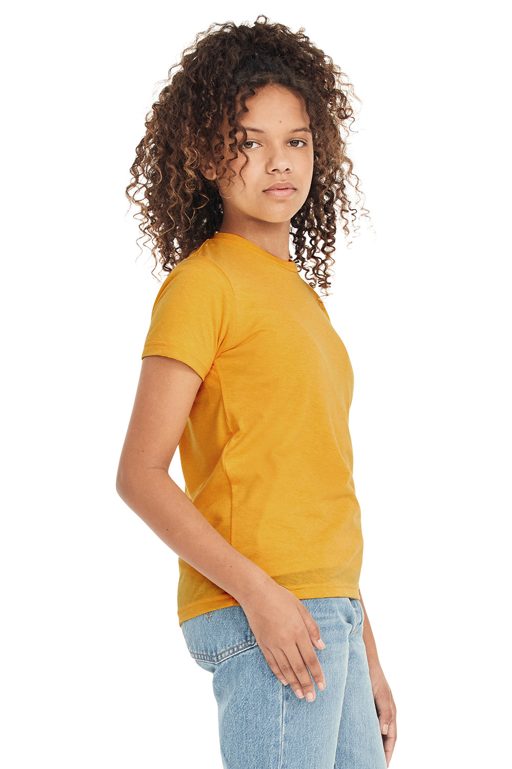 Bella + Canvas 3413Y Youth Short Sleeve Crewneck T-Shirt Mustard Yellow Model Side