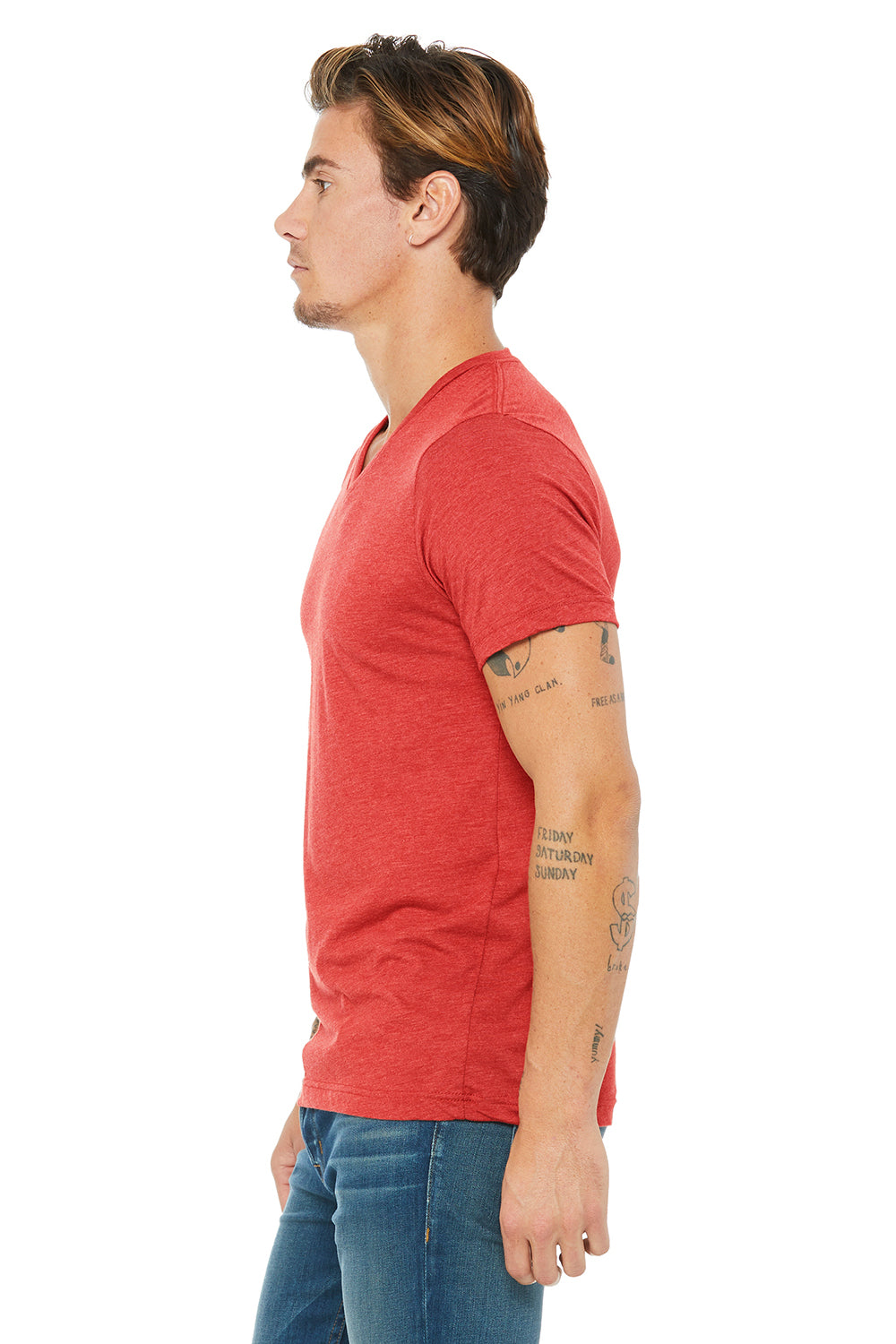 Bella + Canvas BC3415/3415C/3415 Mens Short Sleeve V-Neck T-Shirt Red Model Side