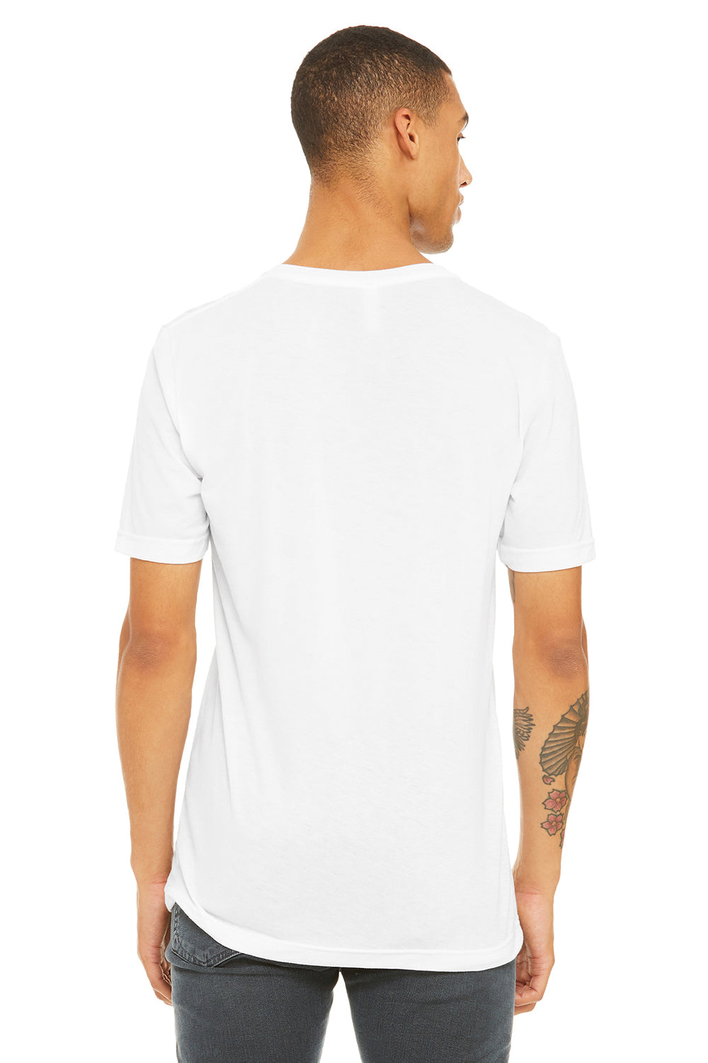 Bella + Canvas BC3415/3415C/3415 Mens Short Sleeve V-Neck T-Shirt Solid White Model Back