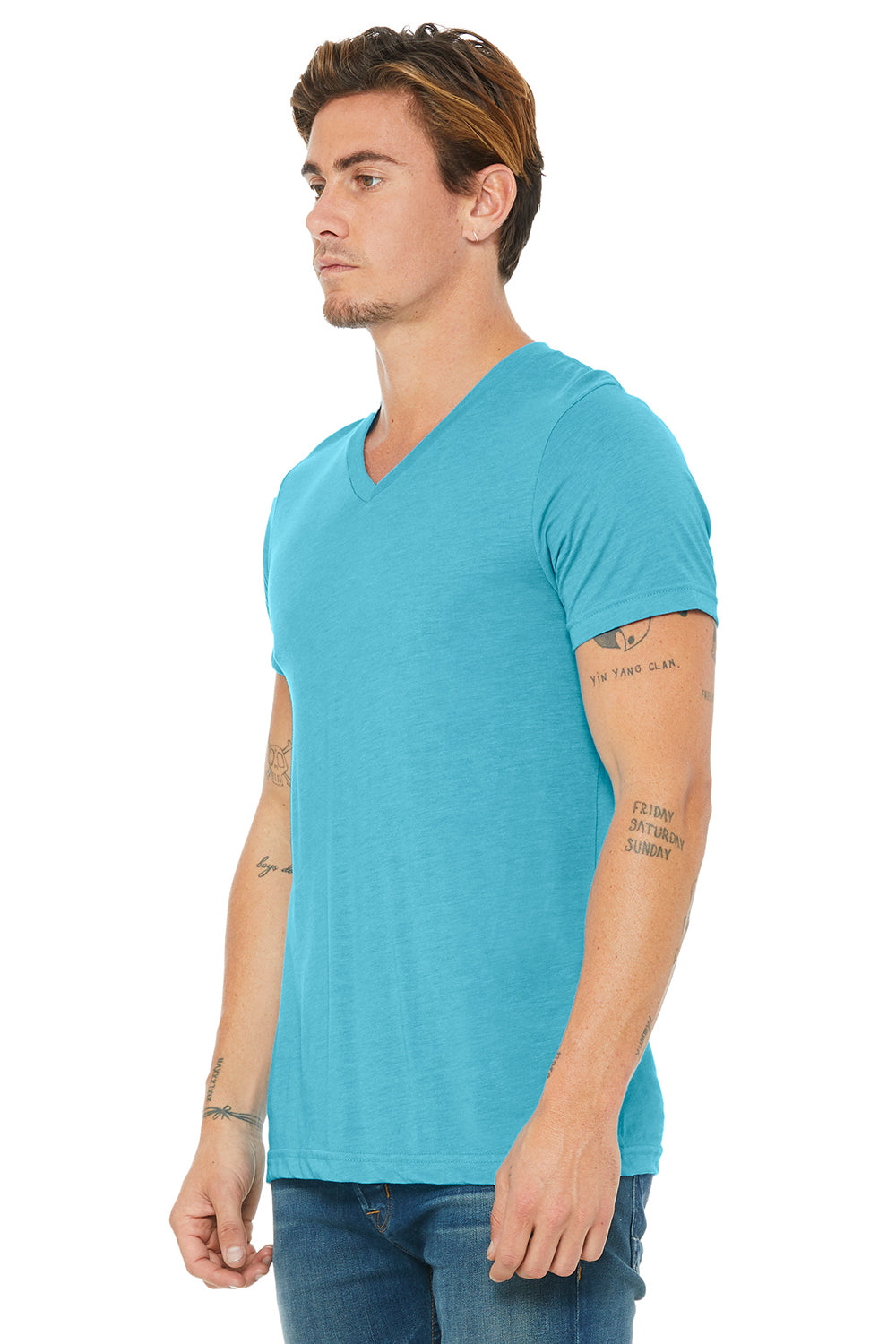 Bella + Canvas BC3415/3415C/3415 Mens Short Sleeve V-Neck T-Shirt Aqua Blue Model 3Q