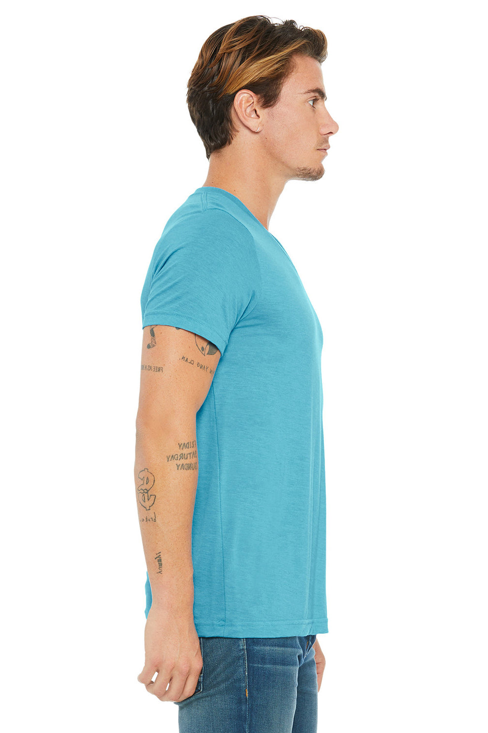 Bella + Canvas BC3415/3415C/3415 Mens Short Sleeve V-Neck T-Shirt Aqua Blue Model Side