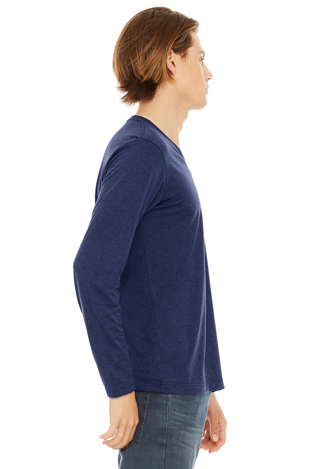 Bella + Canvas 3425 Mens Jersey Long Sleeve V-Neck T-Shirt Navy Blue Model Side