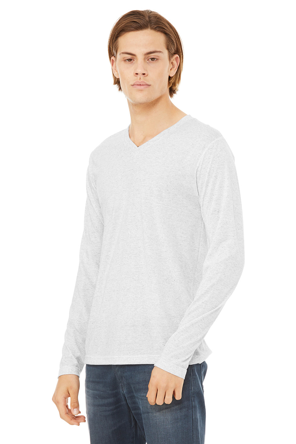 Bella + Canvas 3425 Mens Jersey Long Sleeve V-Neck T-Shirt White Fleck Model 3Q