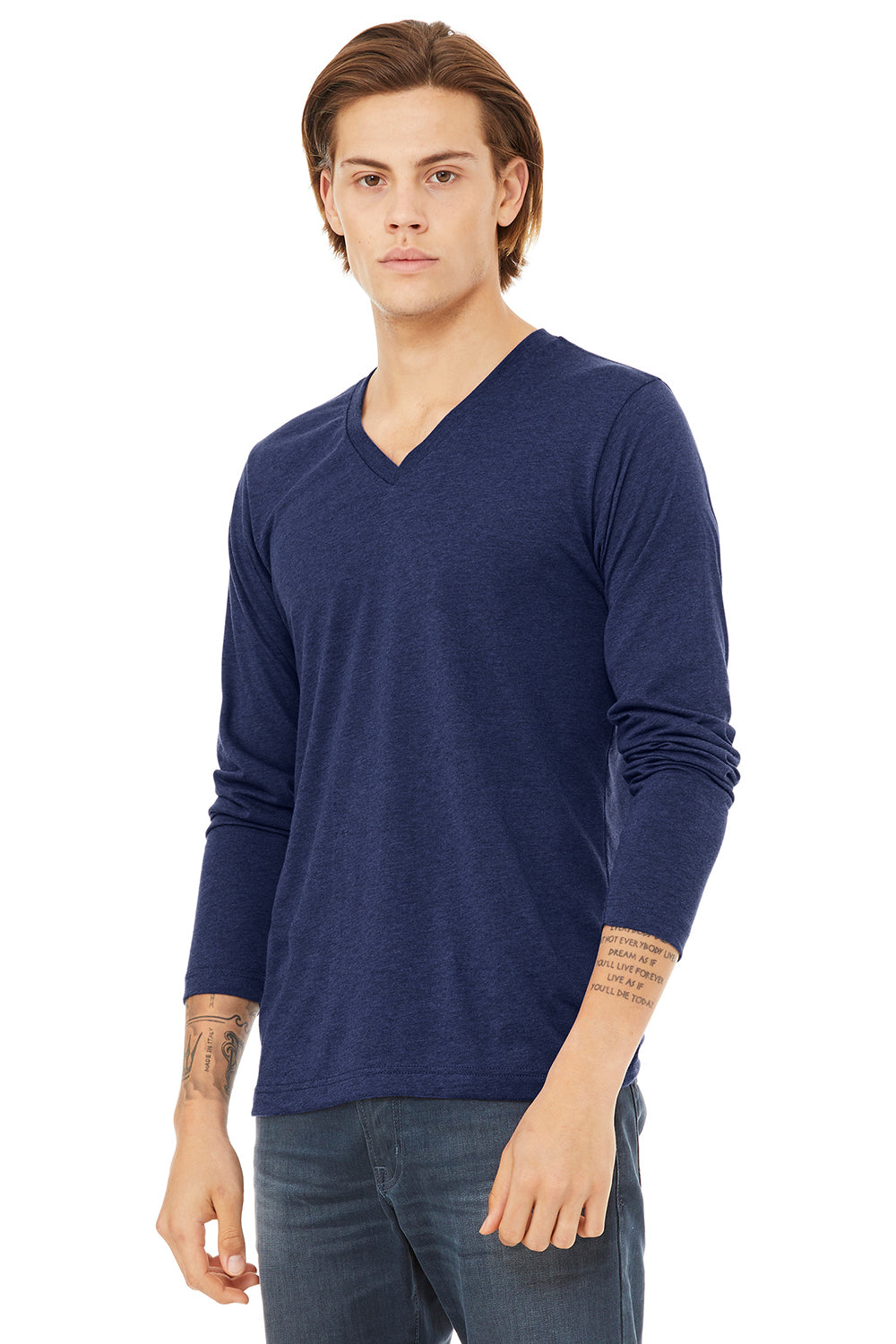 Bella + Canvas 3425 Mens Jersey Long Sleeve V-Neck T-Shirt Navy Blue Model 3Q