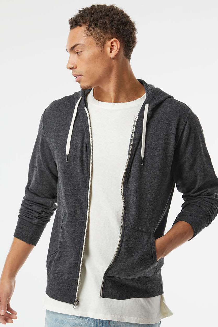 Independent Trading Company PRM90HTZ Mens French Terry Full Zip Hooded Sweatshirt Hoodie w/ Pockets Heather Charcoal Grey Model Front