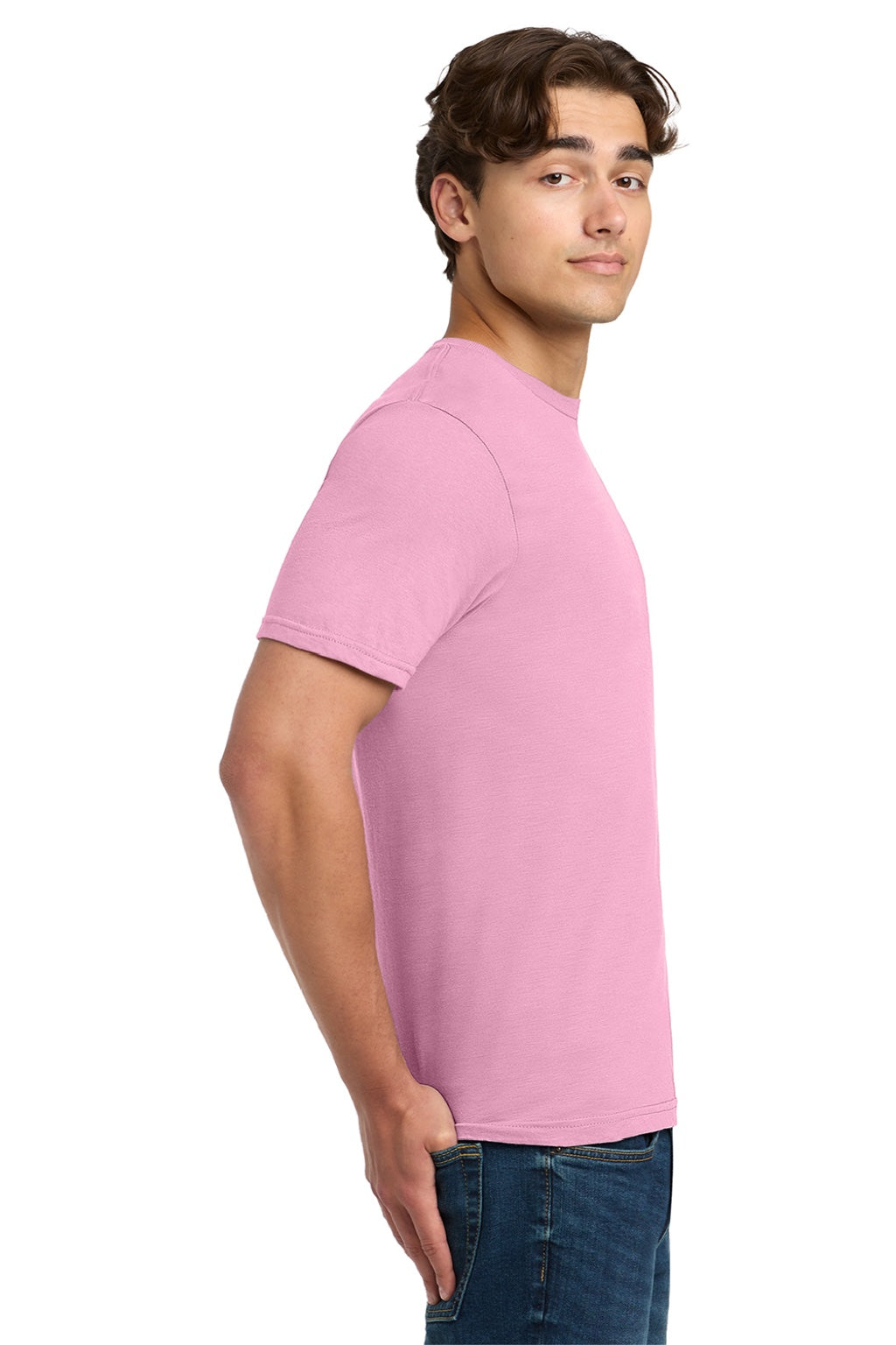 Gildan 64000 Mens Softstyle Short Sleeve Crewneck T-Shirt Fan Candy Pink Model Side
