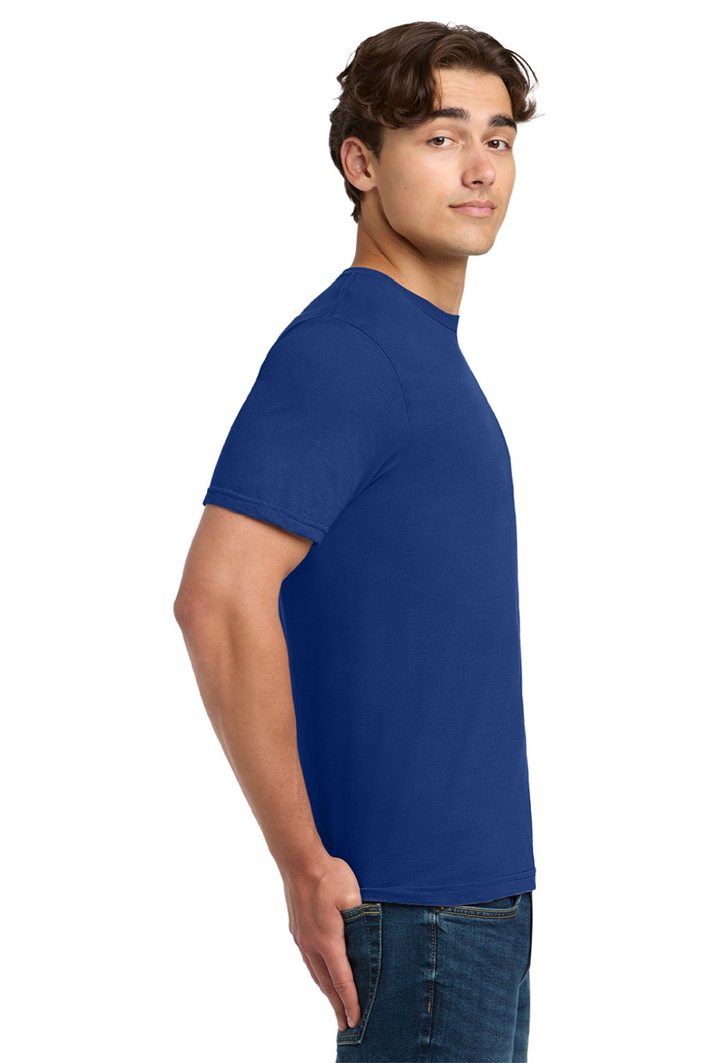 Gildan 64000 Mens Softstyle Short Sleeve Crewneck T-Shirt Fan Deep Royal Blue Model Side