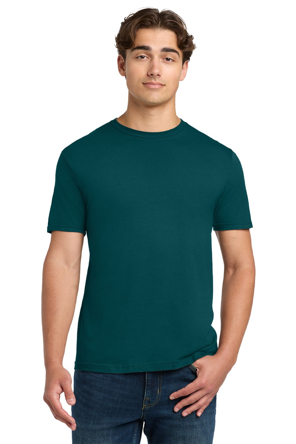 Gildan 64000 Mens Softstyle Short Sleeve Crewneck T-Shirt Fan Marine Green Model Front
