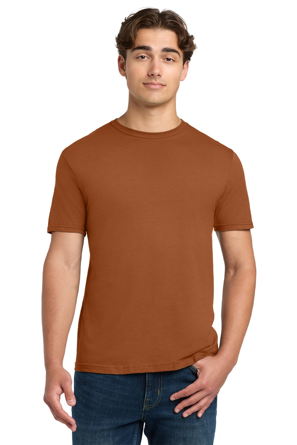 Gildan 64000 Mens Softstyle Short Sleeve Crewneck T-Shirt Fan Texas Orange Model Front