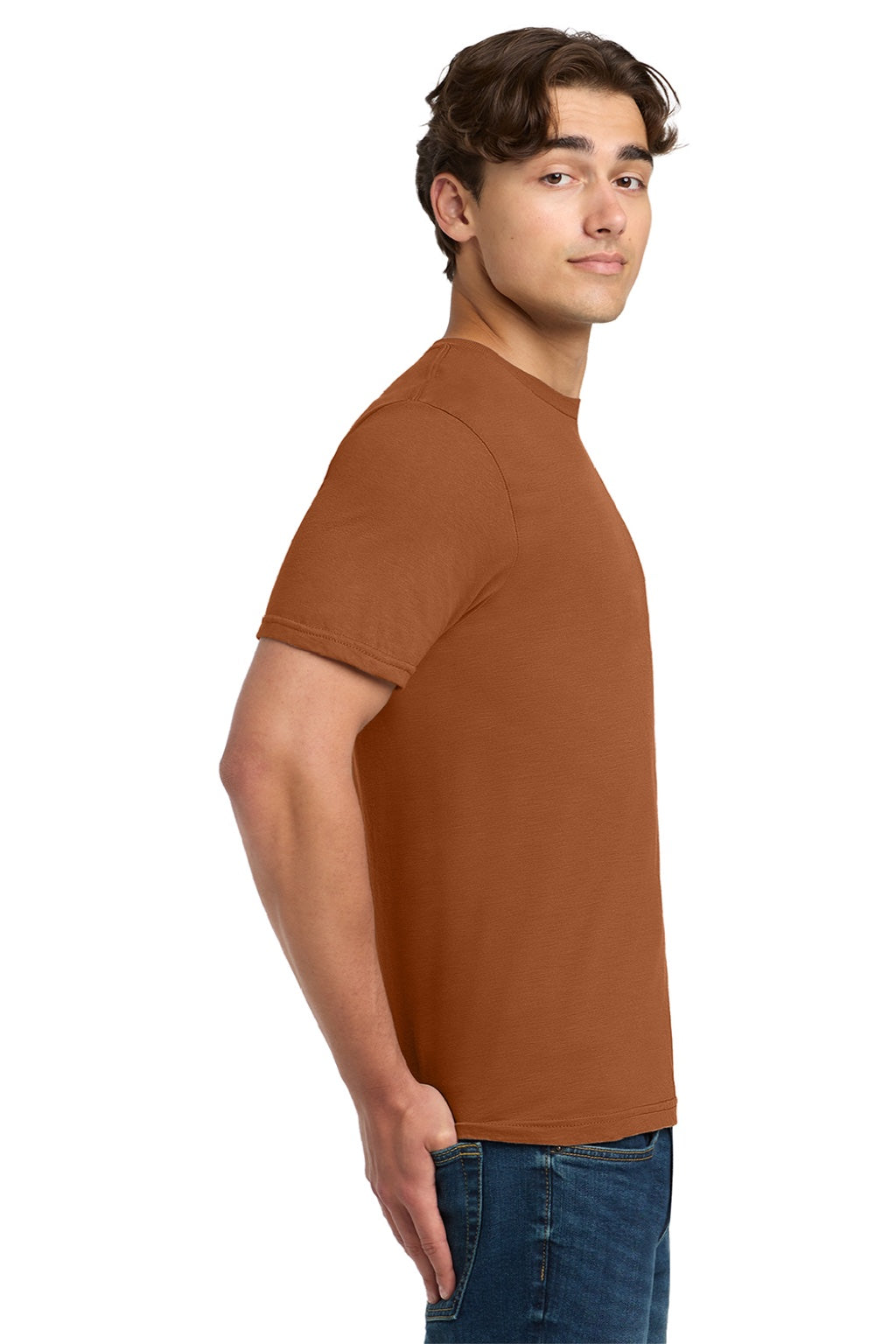 Gildan 64000 Mens Softstyle Short Sleeve Crewneck T-Shirt Fan Texas Orange Model Side