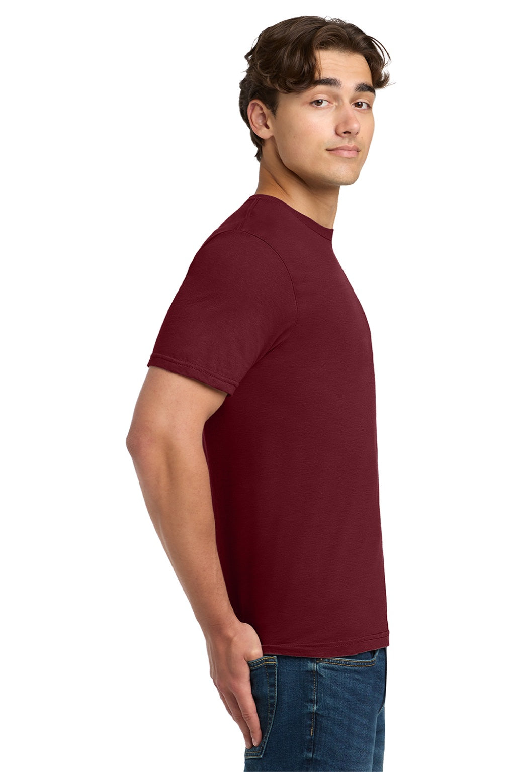 Gildan 64000 Mens Softstyle Short Sleeve Crewneck T-Shirt Garnet Red Model Side