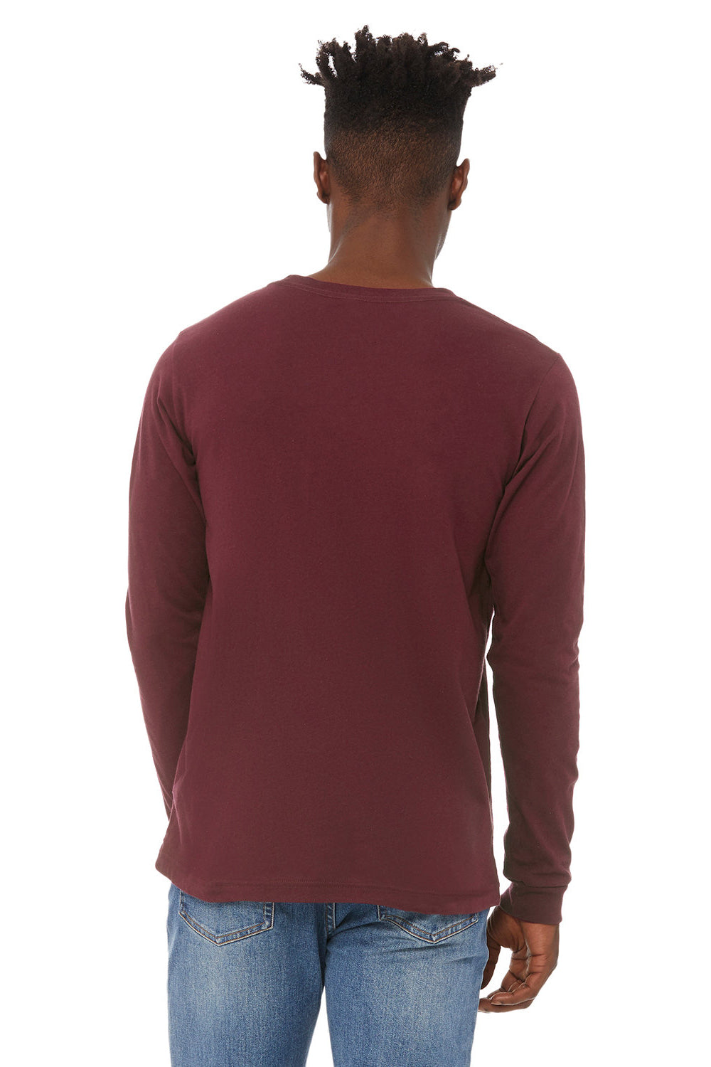 Bella + Canvas BC3501/3501 Mens Jersey Long Sleeve Crewneck T-Shirt Maroon Model Back