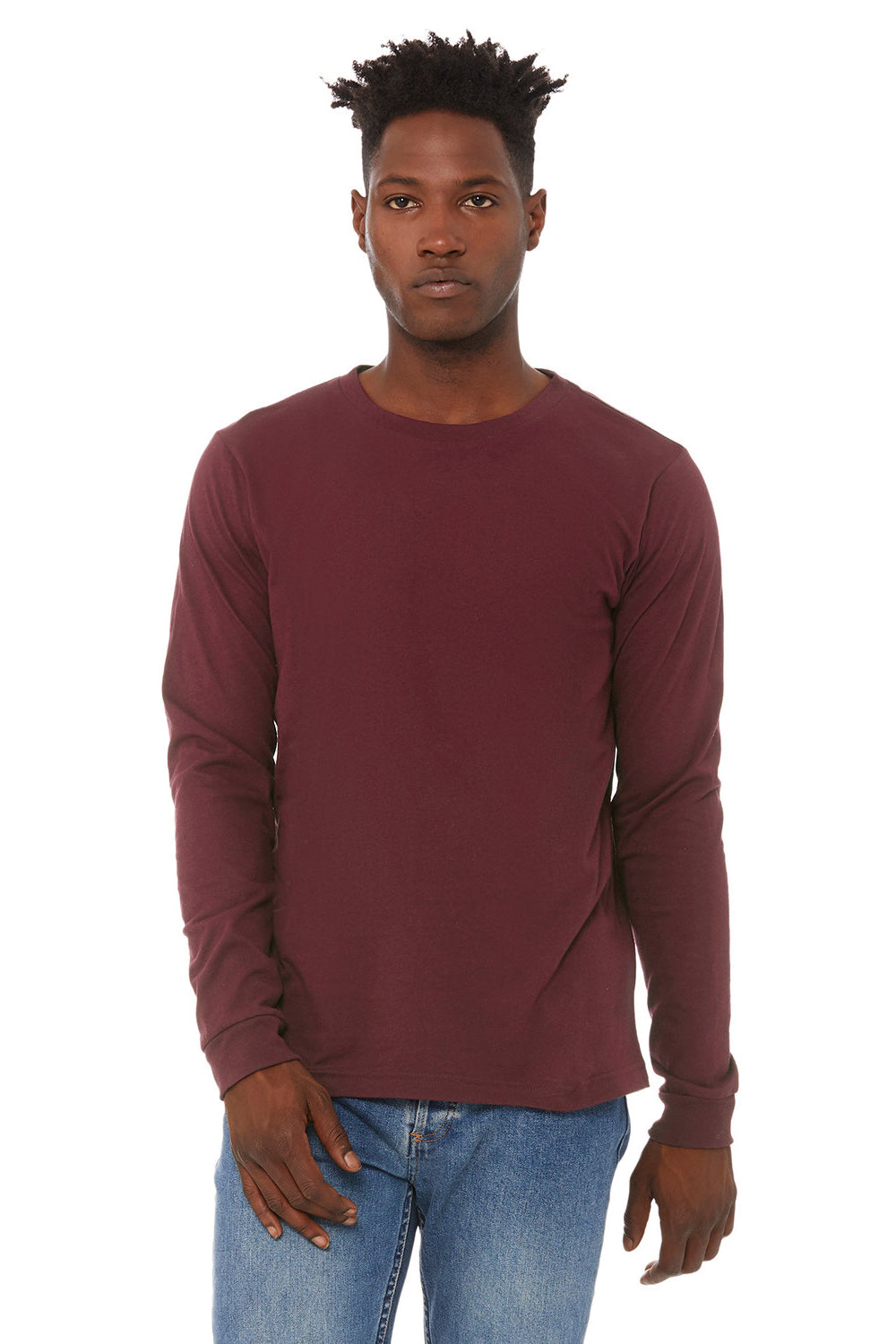 Bella + Canvas BC3501/3501 Mens Jersey Long Sleeve Crewneck T-Shirt Maroon Model Front