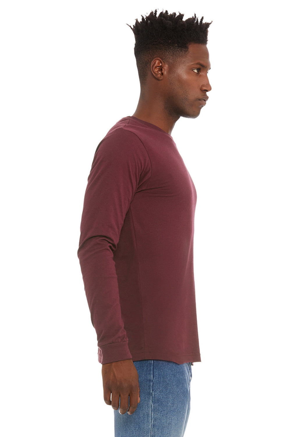 Bella + Canvas BC3501/3501 Mens Jersey Long Sleeve Crewneck T-Shirt Maroon Model Side