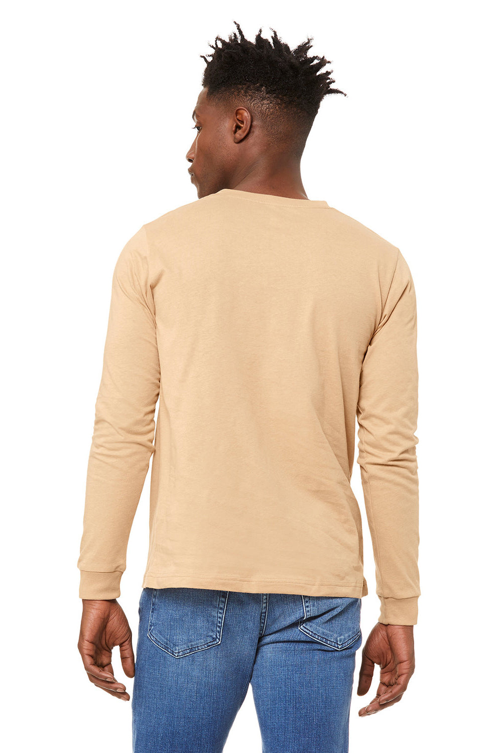 Bella + Canvas BC3501/3501 Mens Jersey Long Sleeve Crewneck T-Shirt Sand Dune Model Back