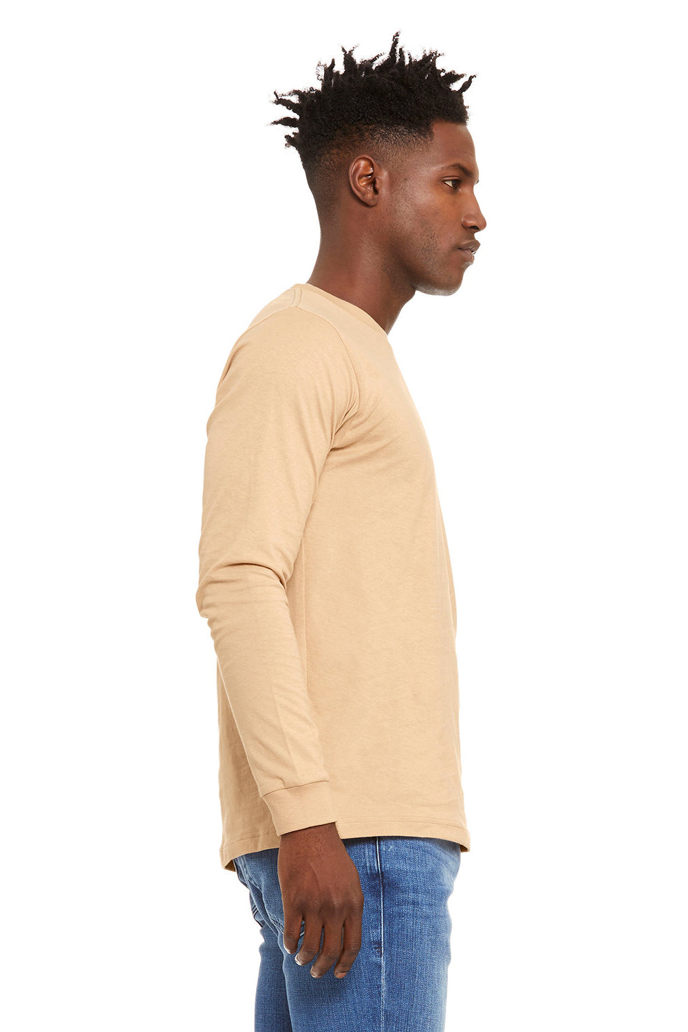 Bella + Canvas BC3501/3501 Mens Jersey Long Sleeve Crewneck T-Shirt Sand Dune Model Side