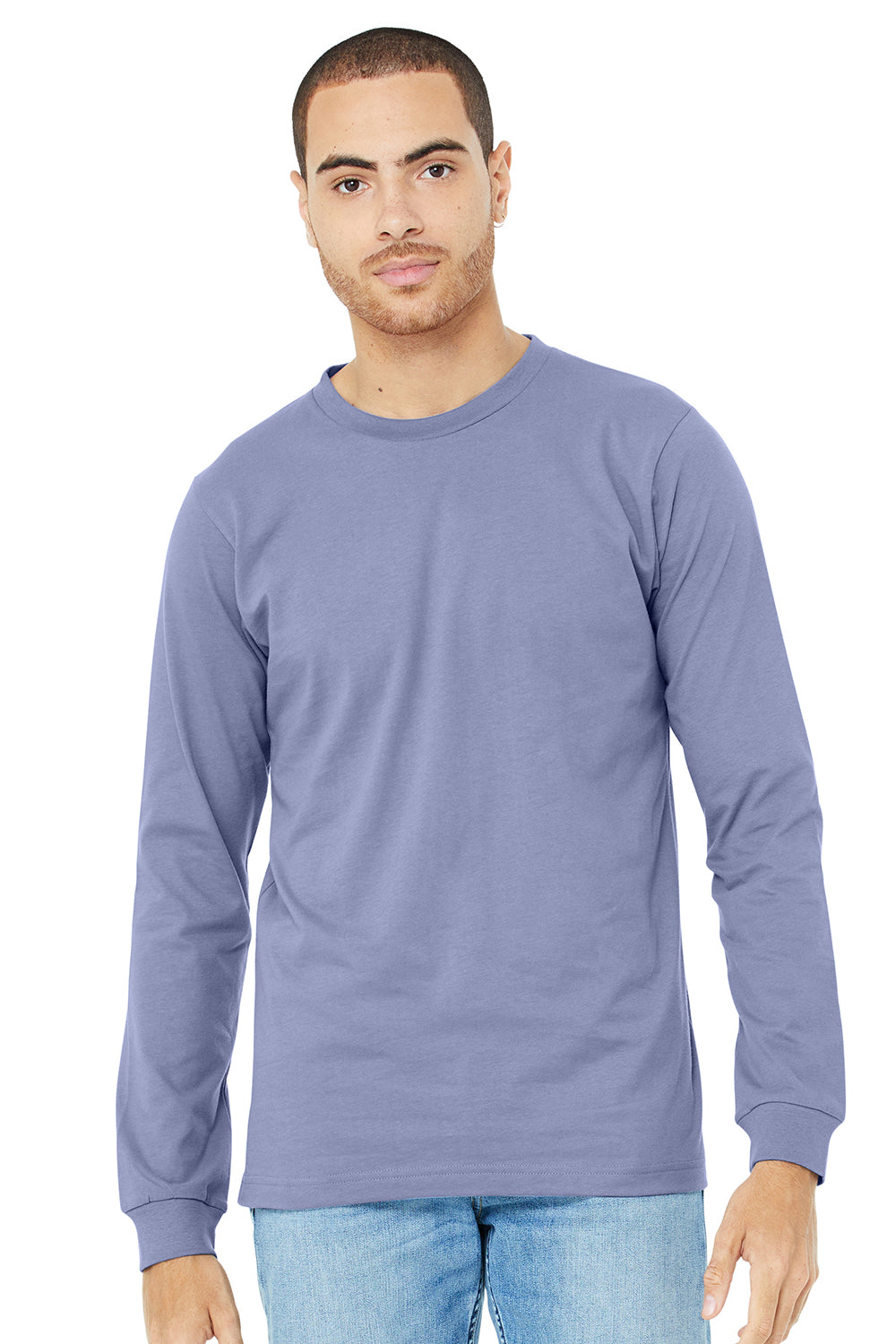 Bella + Canvas BC3501/3501 Mens Jersey Long Sleeve Crewneck T-Shirt Lavender Blue Model Front
