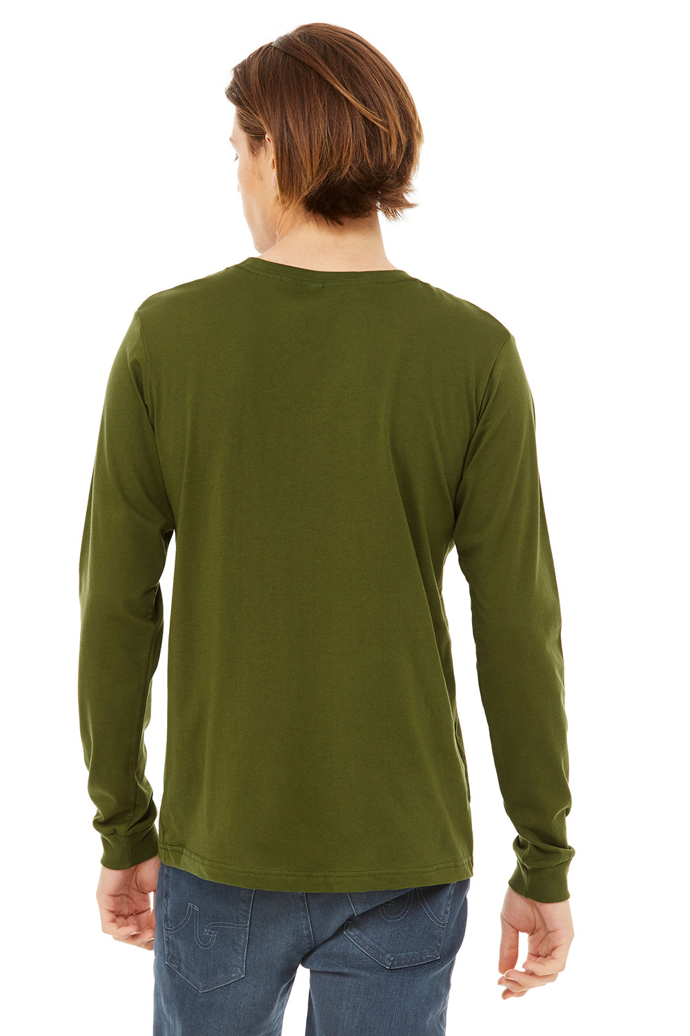 Bella + Canvas BC3501/3501 Mens Jersey Long Sleeve Crewneck T-Shirt Olive Green Model Back