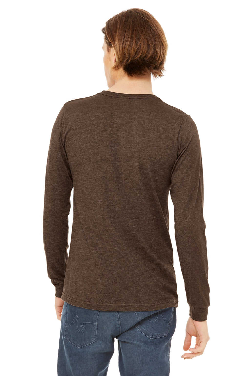 Bella + Canvas BC3501CVC/3501CVC Mens CVC Long Sleeve Crewneck T-Shirt Heather Brown Model Back