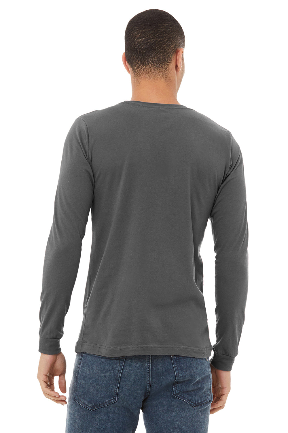 Bella + Canvas BC3501/3501 Mens Jersey Long Sleeve Crewneck T-Shirt Asphalt Grey Model Back