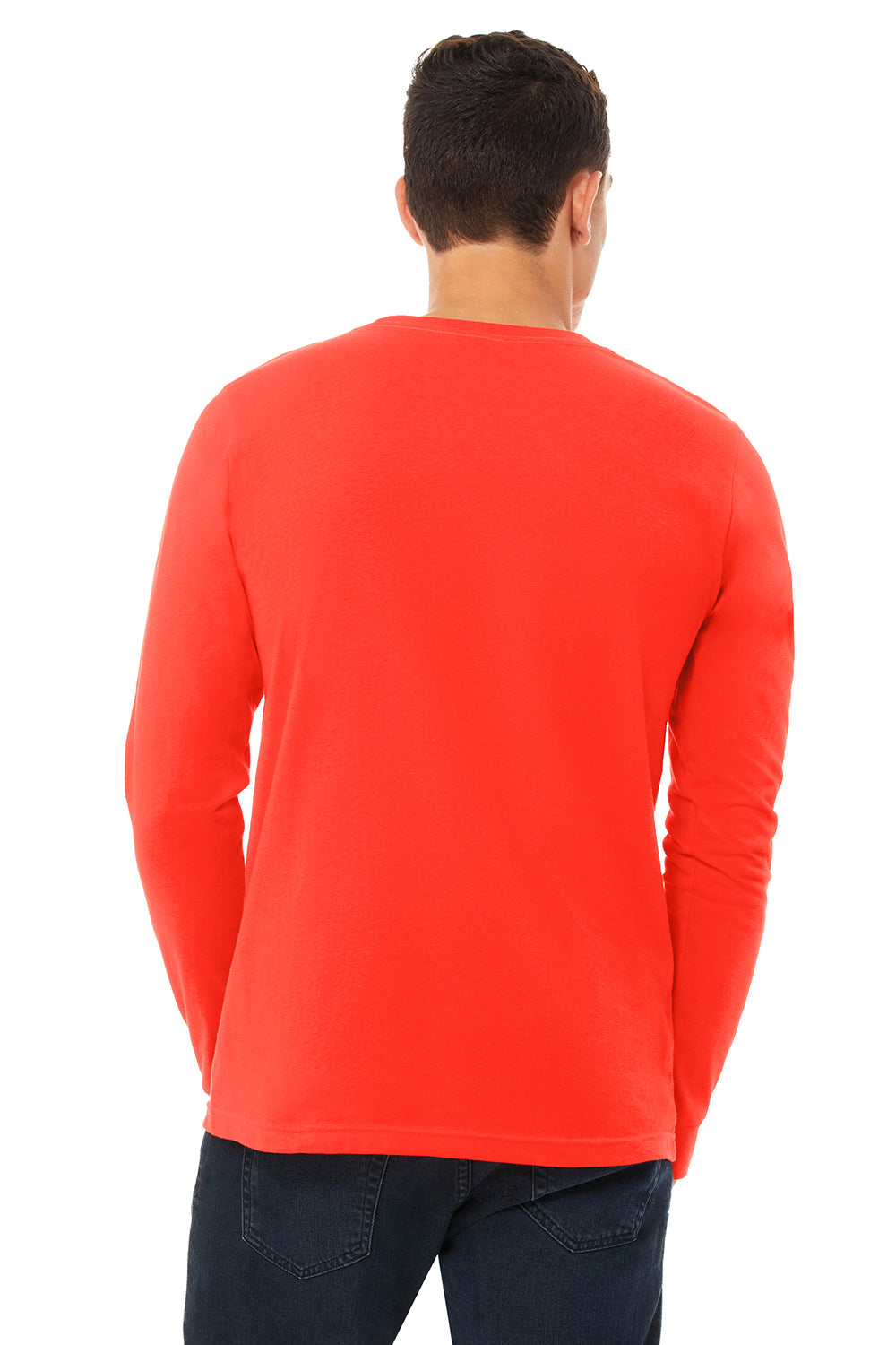 Bella + Canvas BC3501/3501 Mens Jersey Long Sleeve Crewneck T-Shirt Poppy Red Model Back