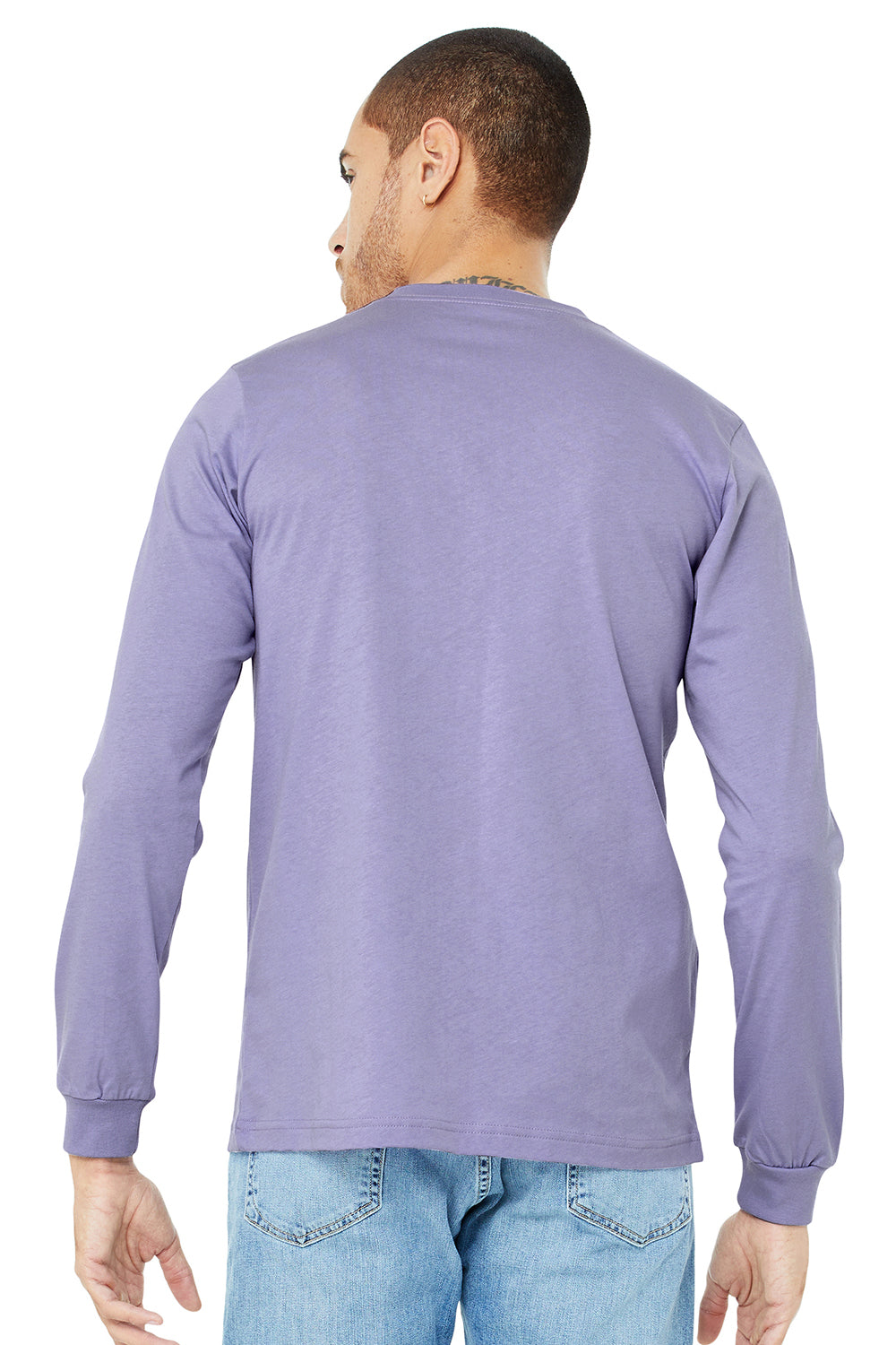 Bella + Canvas BC3501/3501 Mens Jersey Long Sleeve Crewneck T-Shirt Dark Lavender Purple Model Back