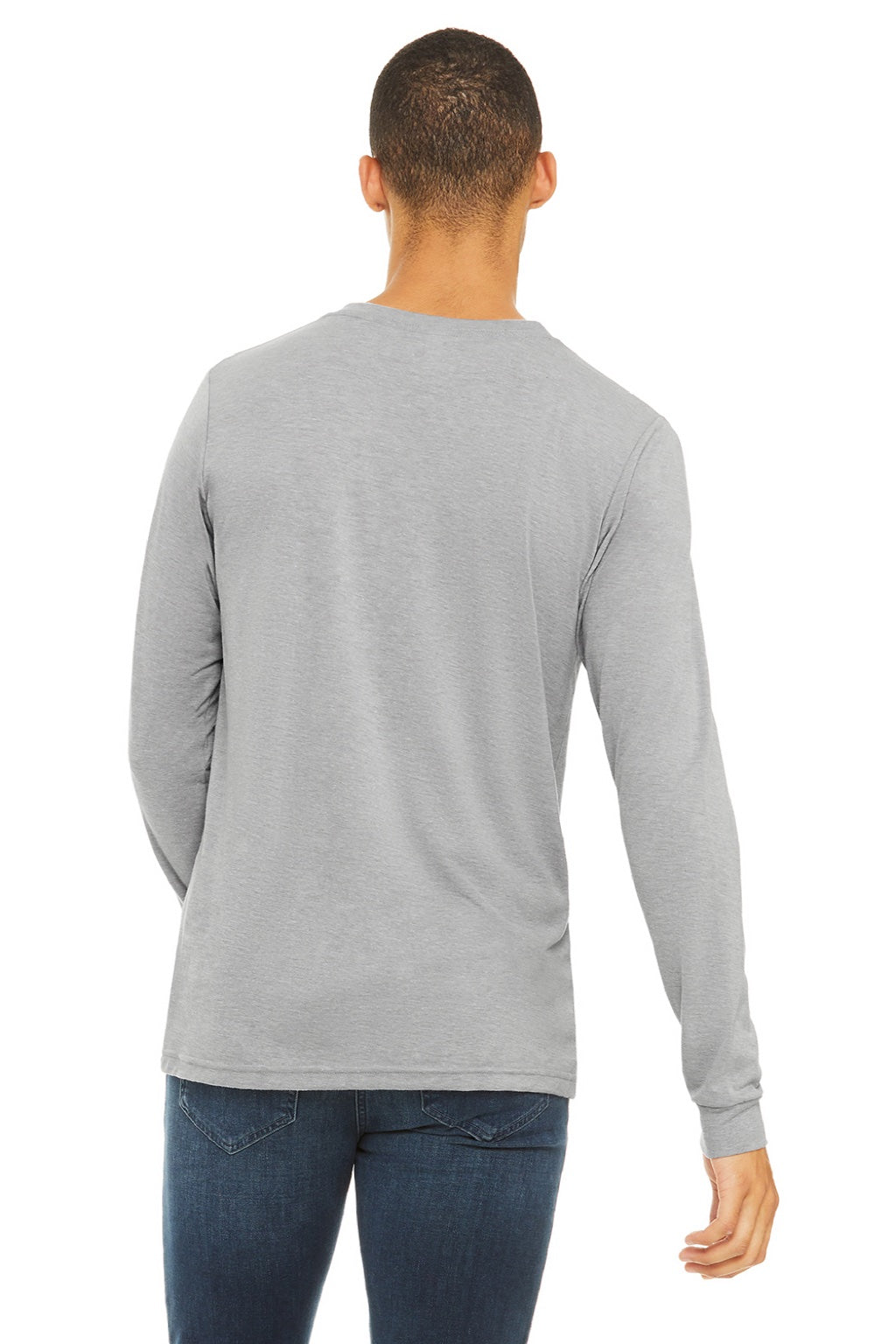 Bella + Canvas BC3513/3513 Mens Jersey Long Sleeve Crewneck T-Shirt Heather Grey Model Back