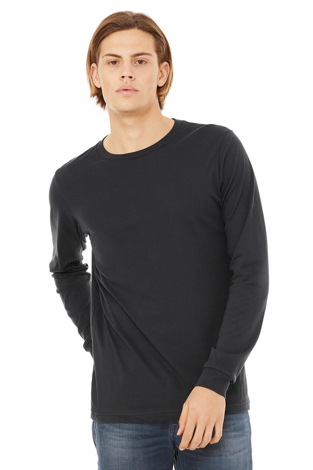 Bella + Canvas BC3501/3501 Mens Jersey Long Sleeve Crewneck T-Shirt Dark Grey Model Front