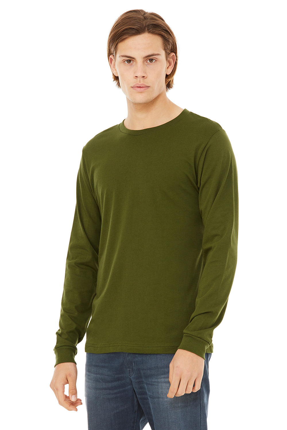 Bella + Canvas BC3501/3501 Mens Jersey Long Sleeve Crewneck T-Shirt Olive Green Model 3Q