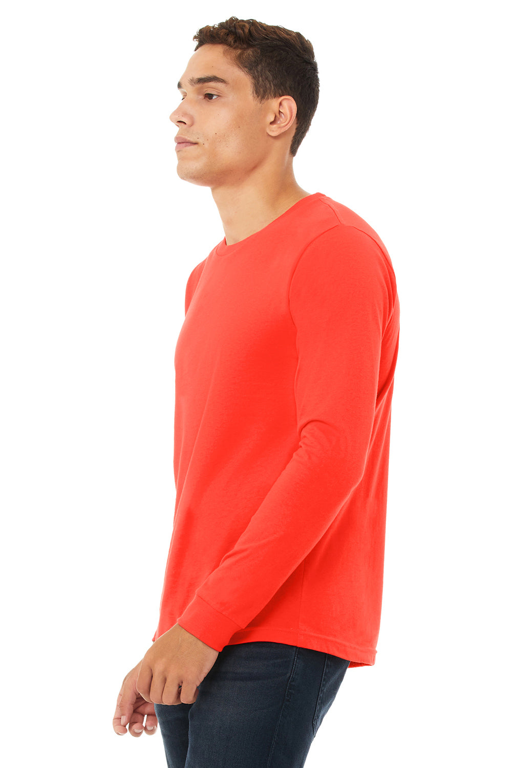Bella + Canvas BC3501/3501 Mens Jersey Long Sleeve Crewneck T-Shirt Poppy Red Model 3Q