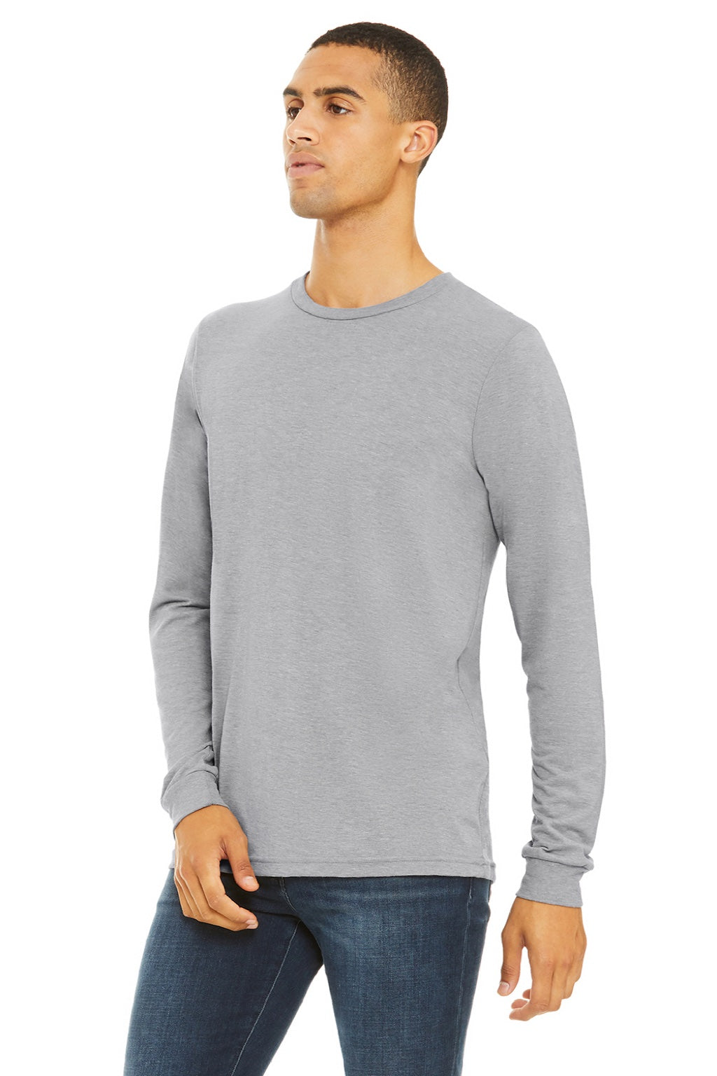 Bella + Canvas BC3513/3513 Mens Jersey Long Sleeve Crewneck T-Shirt Heather Grey Model 3Q