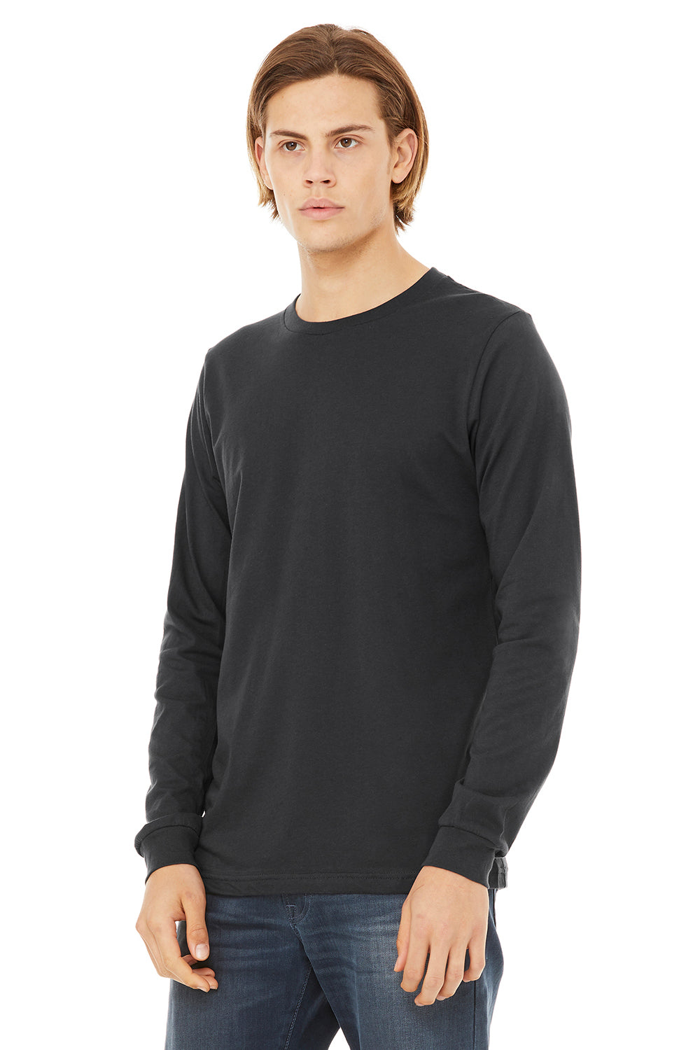 Bella + Canvas BC3501/3501 Mens Jersey Long Sleeve Crewneck T-Shirt Dark Grey Model 3Q