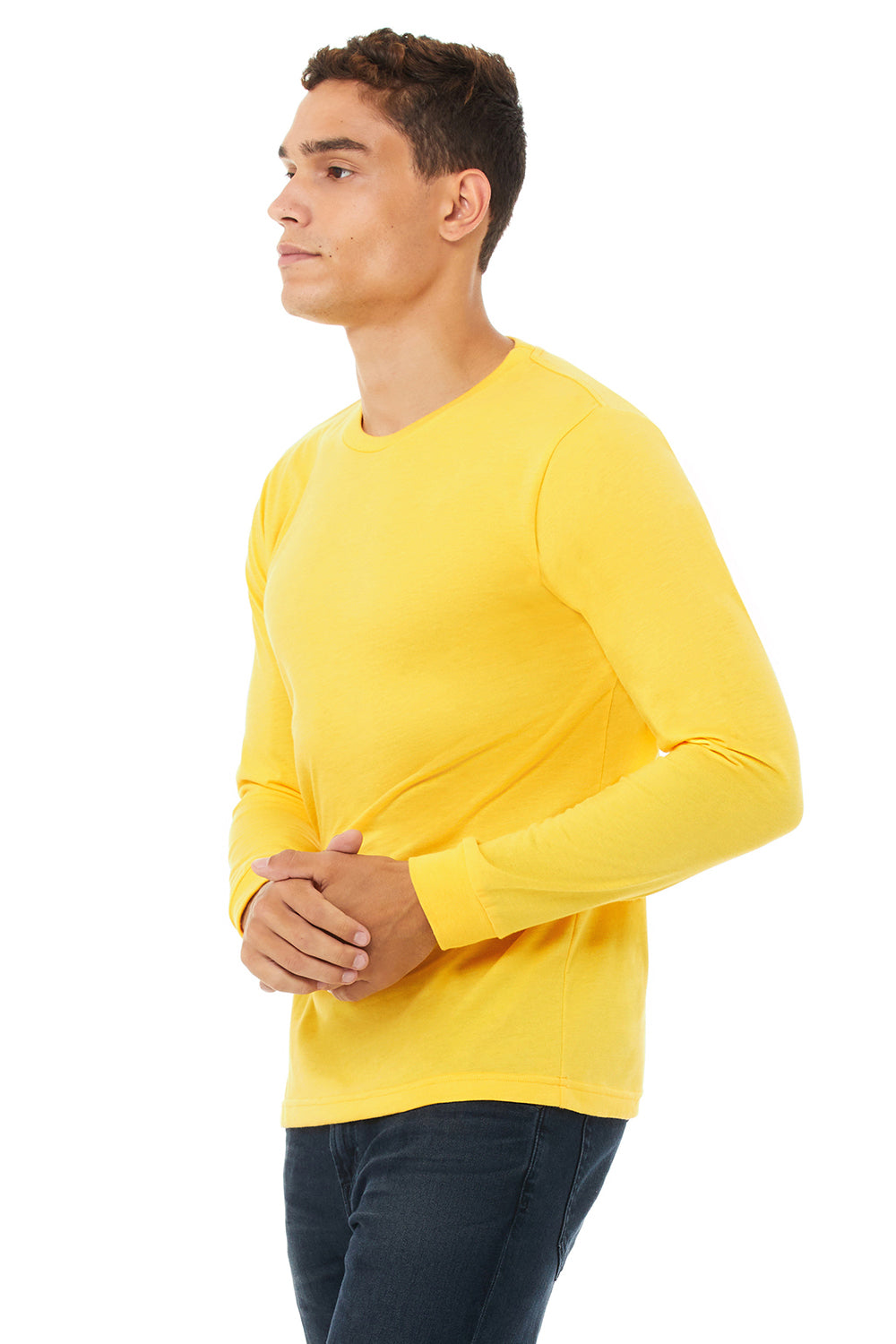 Bella + Canvas BC3501CVC Mens CVC Long Sleeve Crewneck T-Shirt Heather Yellow Gold Model 3Q